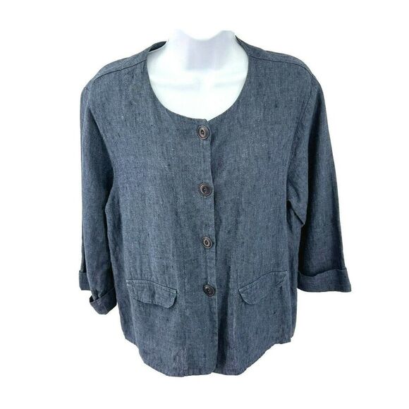 Flax 100% Linen Jacket Blazer Boxy Pockets Cuffed Sleeves - Picture 1 of 11